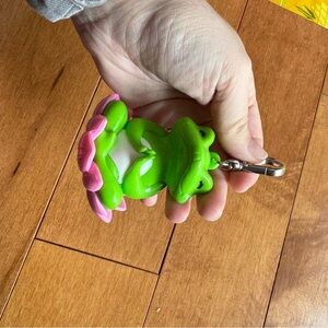 Vibrant Green Frog Yoga with Pink Petals Sanitizer Key Chain